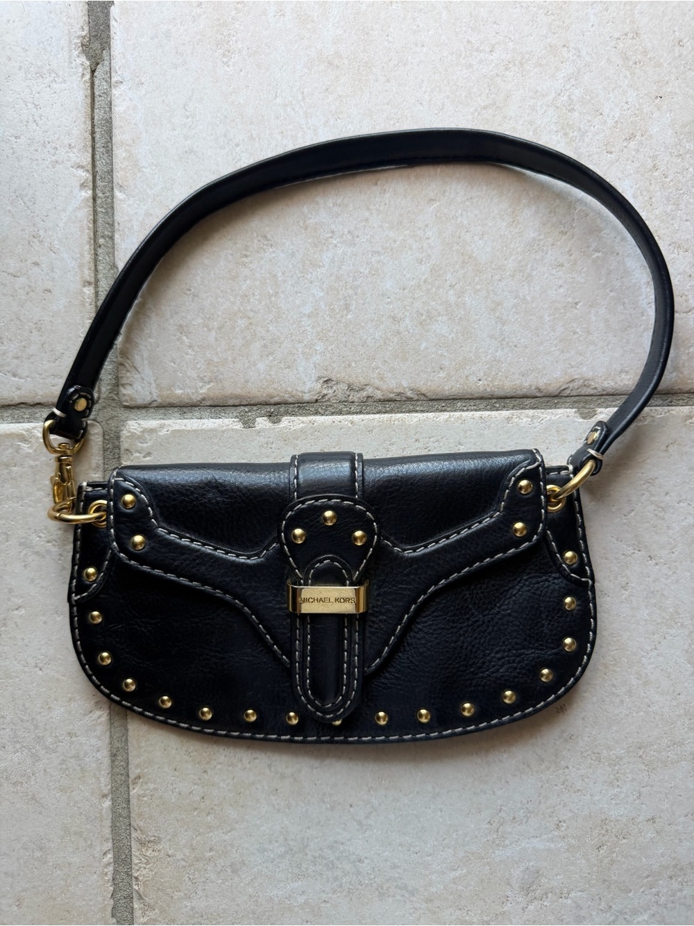 Vintage Michael Kors Black Leather Clutch Handbag Purse with Gold Accents